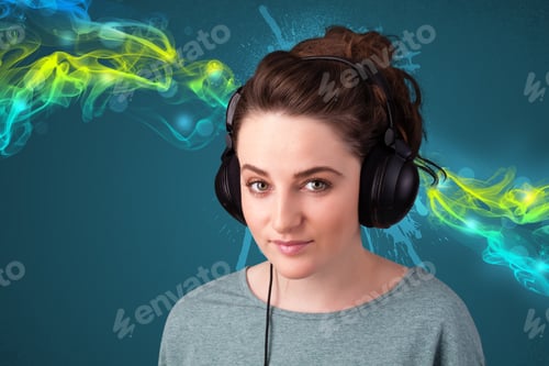 Preview: Pretty Young Woman With Headphones Listening To Music, Glowing Smoke Concept