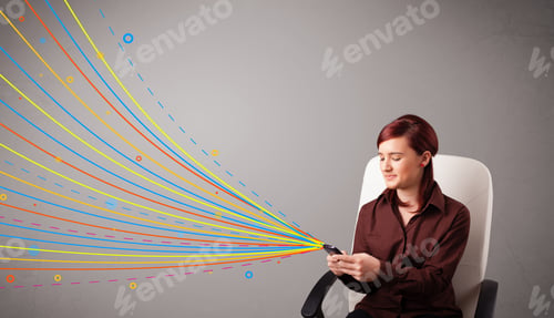 Preview: Happy Young Girl Holding A Phone With Colorful Abstract Lines