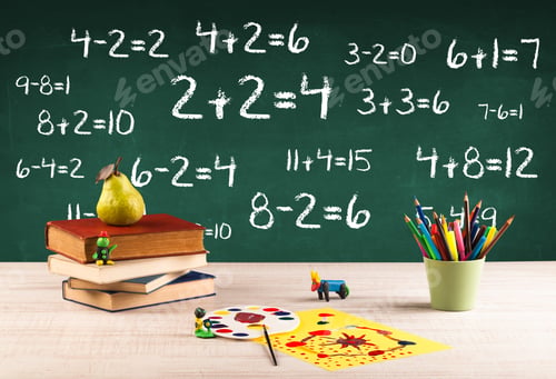 Preview: Going Back To School Concept With Blackboard Full Of Numbers And A Busy Student Desk