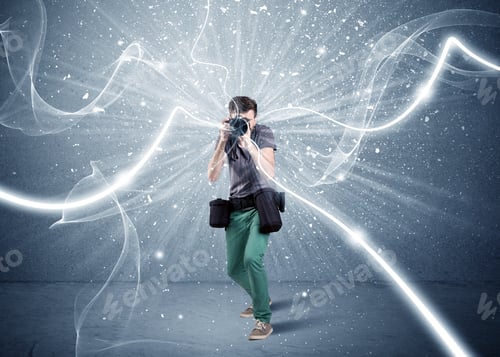 Preview: A Young Amateur Photographer With Professional Photographic Equipment Taking Picture In Front Of
