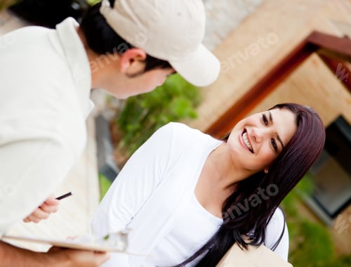Preview: Postman Delivering A Package To A Woman At Home