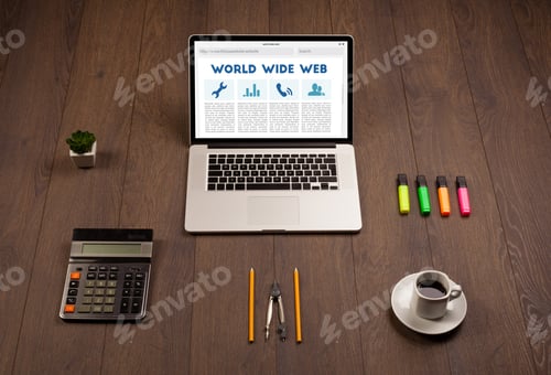 Preview: Laptop Computer On Wooden Desk With Office Suplies