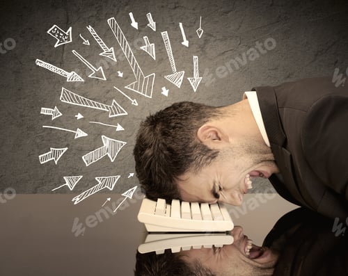 Preview: An Exhausted Business Person Resting His Head On Keyboard With Pressure Illustrated By Arrows