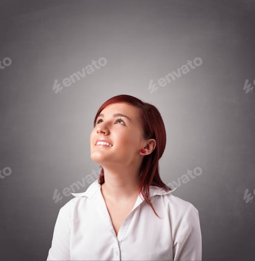 Preview: Beautiful Young Woman Standing And Thinking With Copy Space