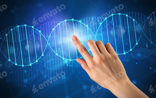 Preview: Female Hand Touching Dna Molecule With Blue Background