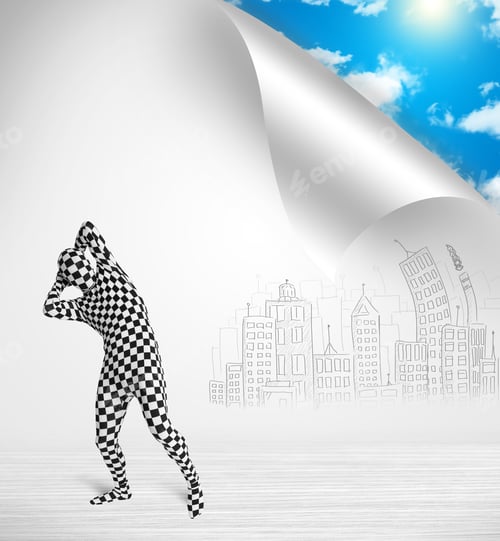 Preview: Funny Man In Body Suit Escaping From City To Nature Concept