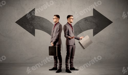 Preview: Young Conflicted Businessman Choosing Between Two Directions Represented By Black Arrows