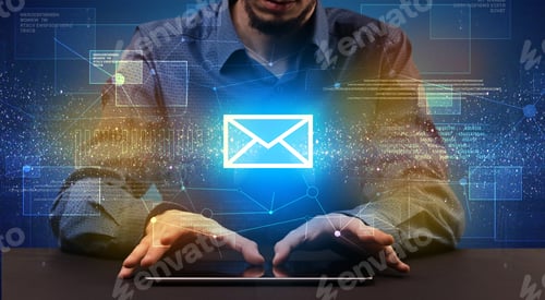 Preview: Businessman In Suit Typing With Communication, Mailing Concept Around