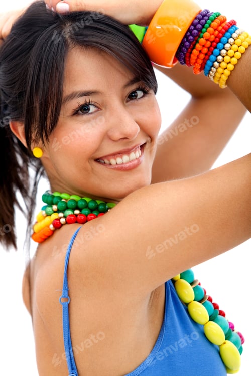 Preview: Woman With Colorful Accessories Smiling - Isolated Over A White Background