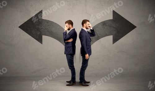 Preview: Young Conflicted Businessman Choosing Between Two Directions Represented By Black Arrows