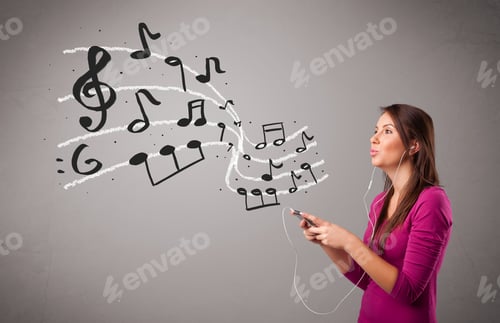 Preview: Attractive Young Lady Singing And Listening To Music With Musical Notes Getting Out Of Her Mouth