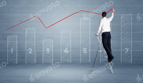 Preview: A Man In Elegant Suit Standing On A Small Ladder And Drawing A Chart On Blue Wall Background With