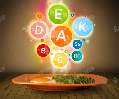 Preview: Food Plate With Delicious Meal And Healthy Colorful Vitamin Symbols