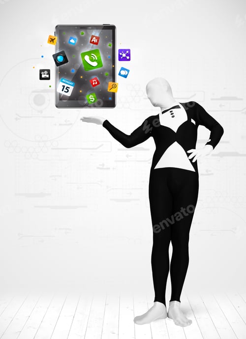 Vista previa: Hombre divertido en traje de cuerpo entero con tableta PC, concepto de nueva tecnología