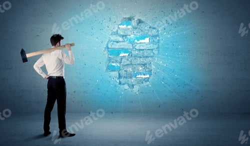Preview: Business Man Hitting Grungy Brick Wall With Huge Hammer