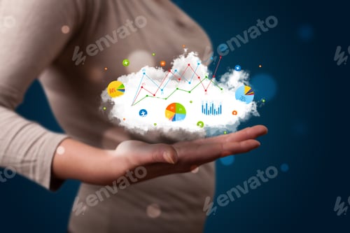 Preview: Young Beautiful Woman Presenting Cloud With Charts And Graph Icons And Symbols