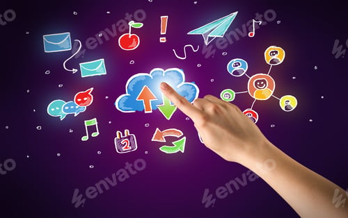 Preview: Female Hand Toucing Mixed Media Icons With Purple Background