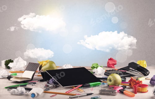 Preview: Close Up Of Business Office Desk Concept With Clouds, Blue Sky And Sunshine