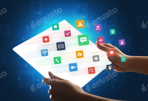 Preview: Young Female Hand Holding A Tablet With Colorful Mixed Media Icons