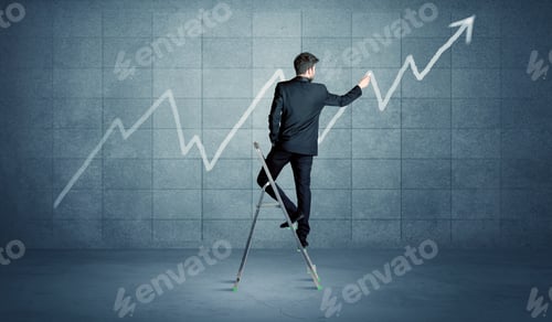 Preview: A Man Standing On A Ladder And Drawing A Chart On Blue Wall Background With Exponential Progressing