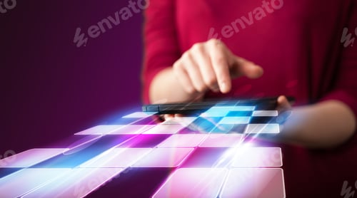 Preview: Close Up Of Hand Holding Tablet With Cyber Application Concept On Background