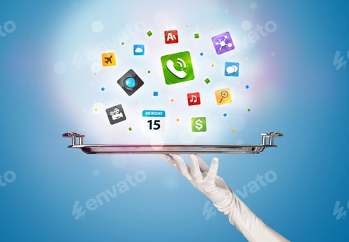 Preview: A Stylish Waiter Hand With White Gloves Holding A Silver Plate Full Of Social Media Communication