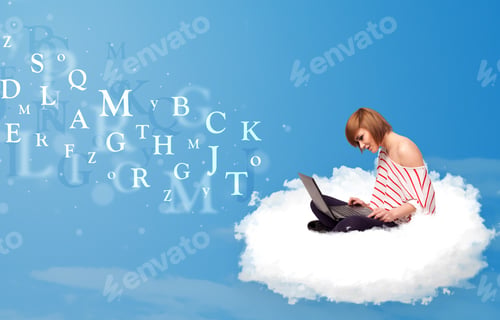 Preview: Pretty Young Woman Sitting In Cloud With Laptop, Letters Concept