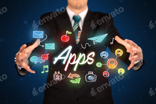 Preview: Businessman With Drawn Application Icons And Symbols In His Hands