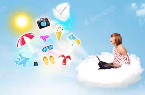 Preview: Pretty Young Woman Sitting In Cloud With Laptop, Summer Travel Concept