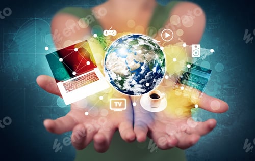 Preview: A Successful Businessman Has Control Over The World Concept Holding Planet Earth, Laptop In His