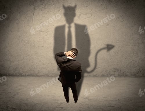 Preview: An Experienced Tricky Businessman In Suit Looking At His Devil Desguise Shadow Reflected On The