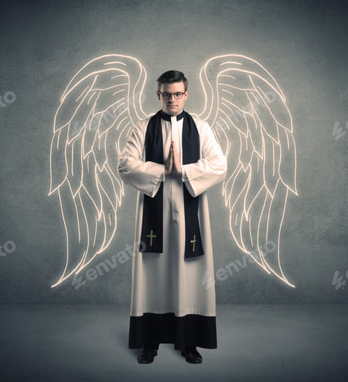 Preview: A Young Male Priest With Drawn Large Angel Wings Standing With The Holy Bible In His Hands Concept.