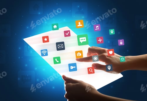 Preview: Young Female Hand Holding A Tablet With Colorful Mixed Media Icons