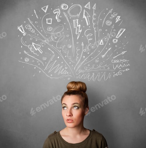 Preview: Pretty Young Woman With Many Sketched Arrows Pointed In Different Directions Above Her Head