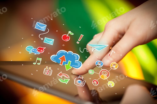 Preview: Female Hands Touching Tablet With Colorful Social Media Icons