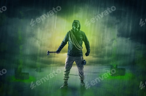 Preview: Masked Unrecognizable Guard In An Abandoned Space After Explosion
