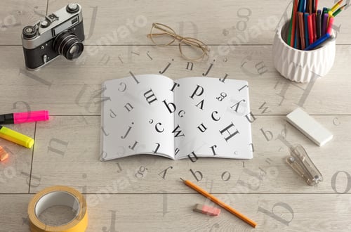 Preview: Open Notebook On The Floor With Office Instruments Nearby And Letters On It