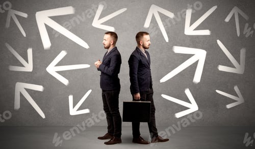 Preview: Young Conflicted Businessman Choosing Between Two Directions With Arrows Around Him