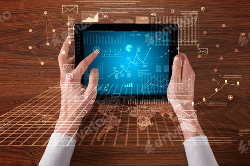 Preview: Caucasian Business Hands Holding Tablet With Business Screen