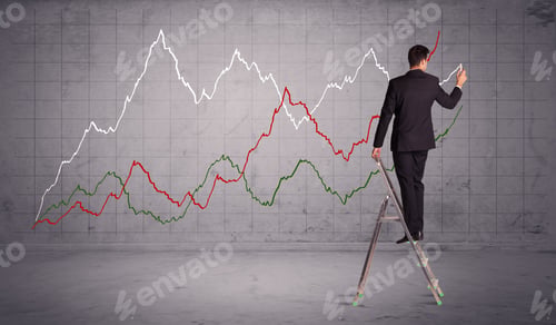 Preview: A Guy In Modern Suit Standing On A Small Ladder And Drawing A Chart On Grey Wall Background With