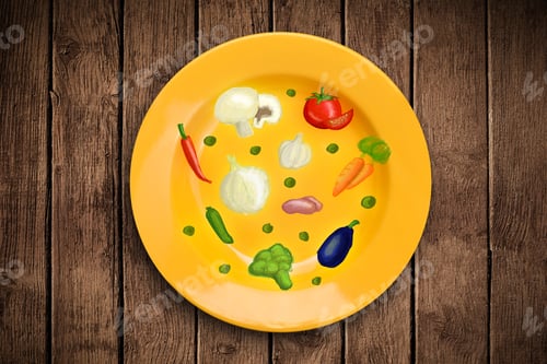 Preview: Colorful Plate With Hand Drawn Icons, Symbols, Vegetables And Fruits On Grungy Background