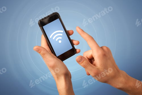 Preview: Female Fingers Touching Smartphone With Wireless Connection Icon