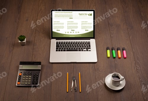 Preview: Business Wooden Table With Notebook Computer And Office Accessories