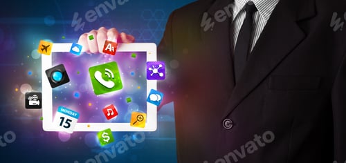 Preview: Young Businessman Holding A Tablet With Modern Colorful Apps And Icons