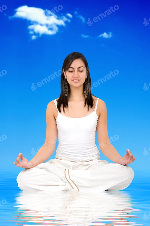 Preview: Girl Doing Yoga In Front Of A Blue Sky Floating On The Water