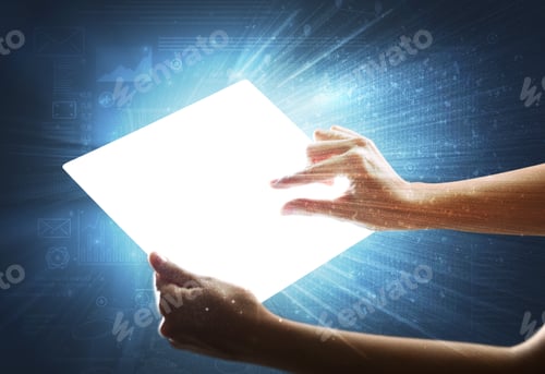Preview: Young Female Hand Holding A Tablet With Faded Charts In The Background