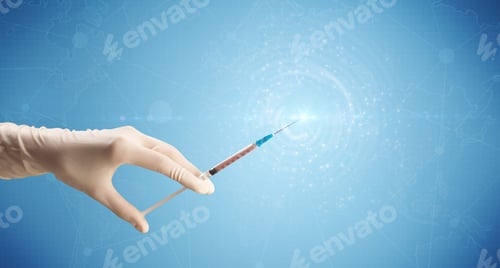 Preview: Female Doctor Hand Holding Syringe With Blue Background And Shine