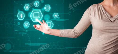 Preview: Young Girl Pressing Virtual Media Type Of Buttons