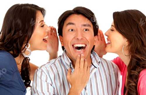 Preview: Women Telling A Secret To A Surprised Man - Isolated Over White