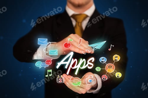 Preview: Businessman With Drawn Application Icons And Symbols In His Hands